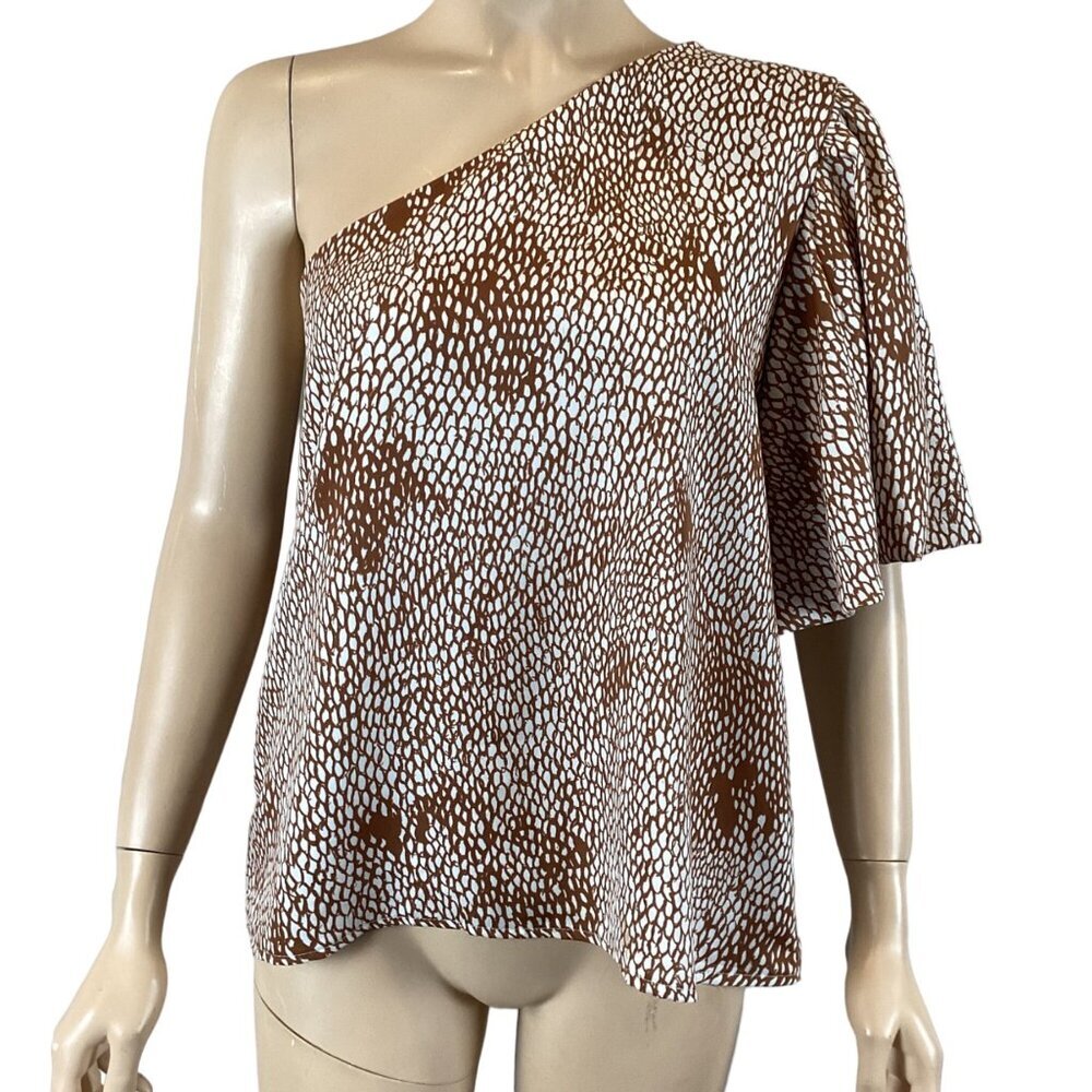 Vici‎ One-Shoulder Brown & White Printed Top Size Small Elegant Flutter Sleeve